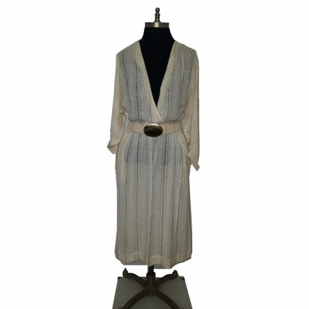 Vtg 70s Ivory Metallic Gold Weave Belted Dress 12P
